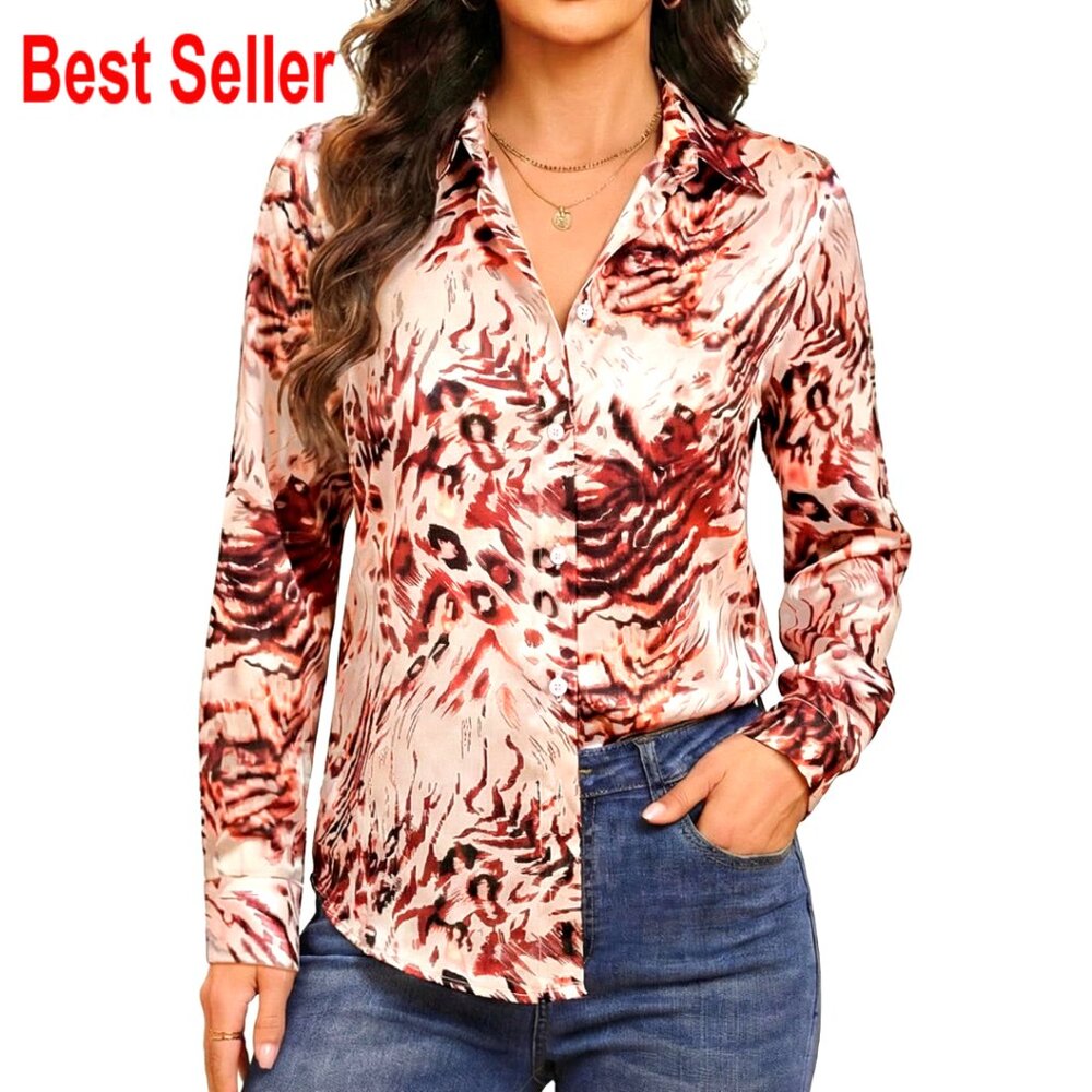 Silky Wrinkle-Resistant Button Down Blouse Long S… - image 1